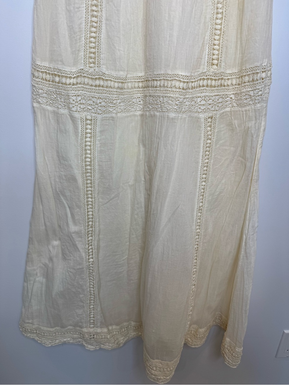 Touché balnéaire Spaghetti Strap Cream Maxi Dress Lace Insets boho cottage sz m - Picture 4 of 11